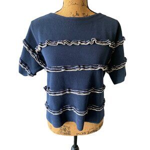 👗 2/$30 👗 J.Crew Small Navy Blue with White Ruffle Short Sleeve Sweater